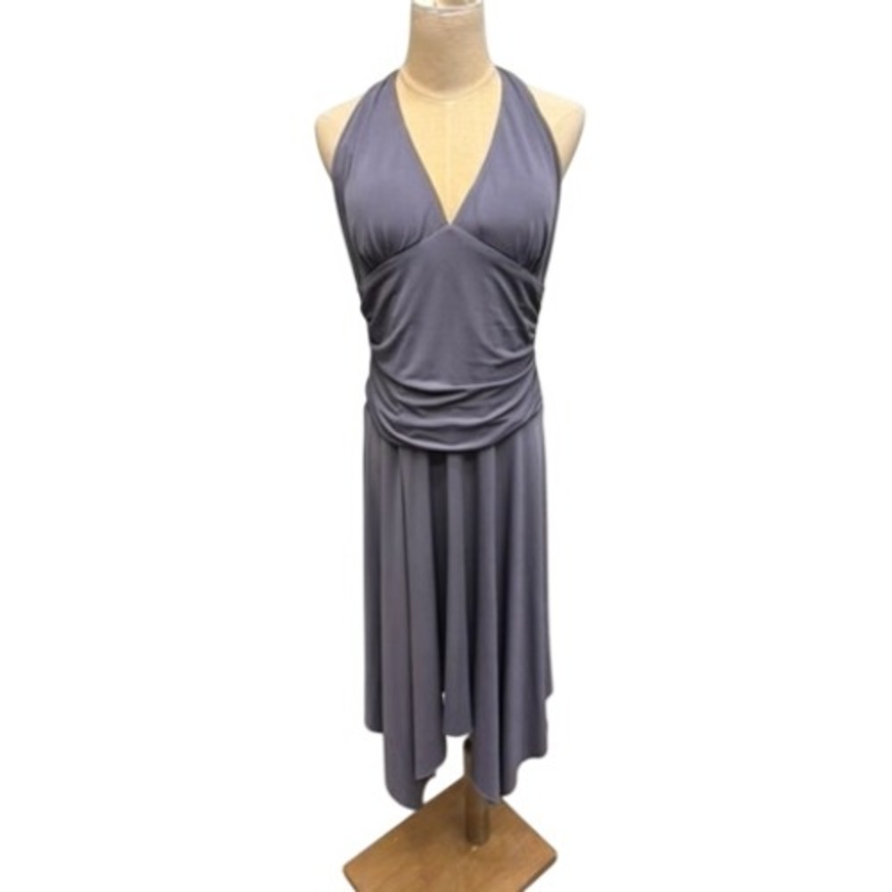 AGB Dress Womens 12 Slate Blue Ruched Handkerchief Hem Halter Neck Midi Dress